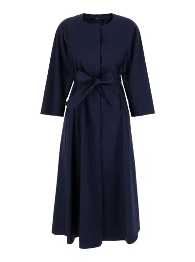 Plain Long Blue Dress With Belt In Blu