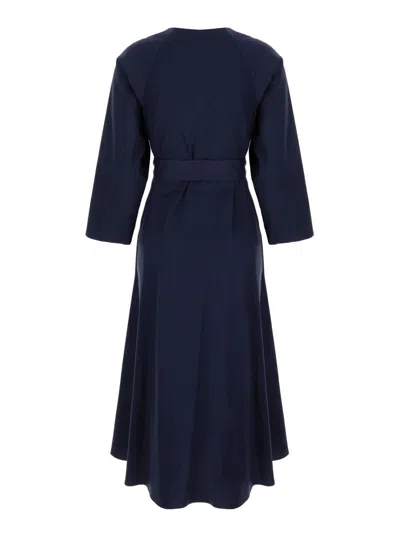 Shop Plain Long Blue Dress With Belt In Fabric Woman