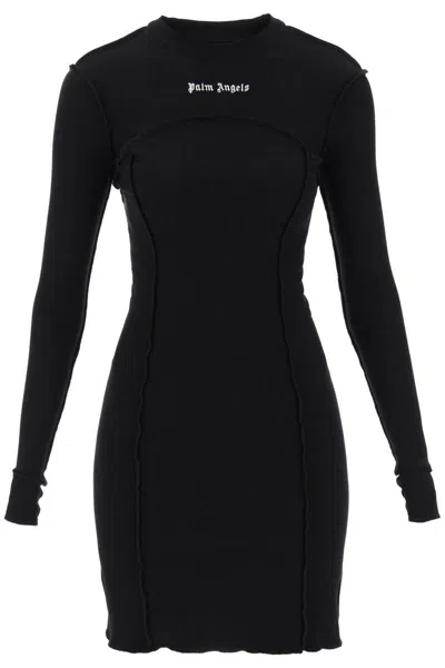 Shop Palm Angels Long-sleeved Mini Dress In Ribbed Jersey In Nero