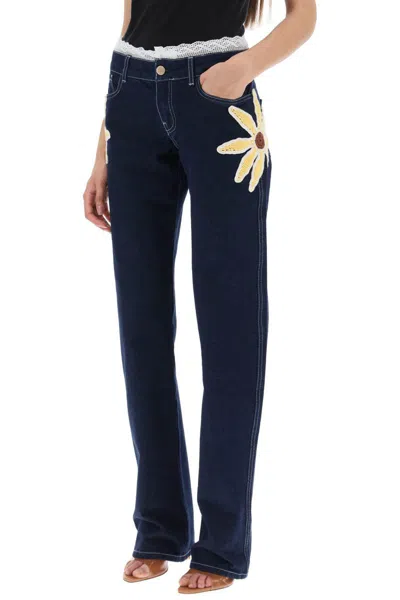 Shop Siedres Low-rise Jeans With Crochet Flowers In Blu