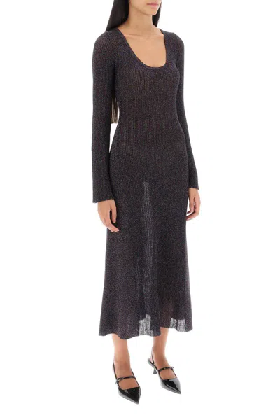 Shop Ganni Lurex-knit Midi Dress In Metallico