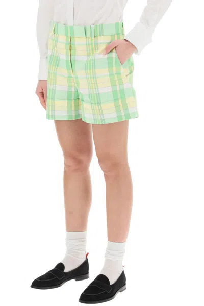 Shop Thom Browne Madras Cotton Cuffed Shorts In Verde