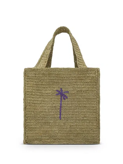 Shop Manebi Manebí Woven Straw Shopping Bag With Palm Embroidery In Green