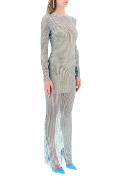 Shop Self-portrait Maxi Dress In Fishnet With Rhinestones In Celeste