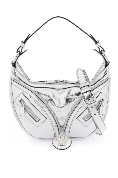 Shop Versace Metallic Leather 'repeat' Hobo Bag In Argento