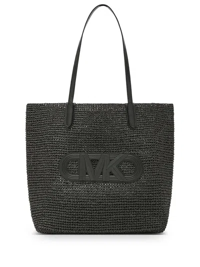 Shop Michael Kors Eliza Large Woven Straw Tote Bag In Black