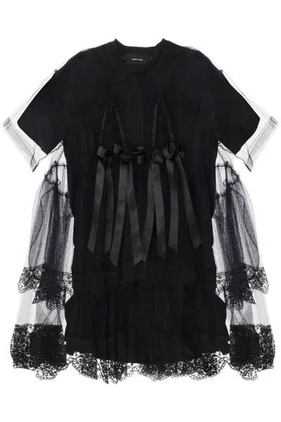 Shop Simone Rocha Midi Dress In Mesh With Lace And Bows In Nero