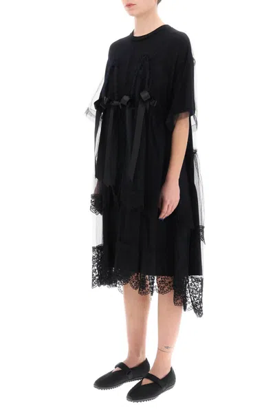 Shop Simone Rocha Midi Dress In Mesh With Lace And Bows In Nero