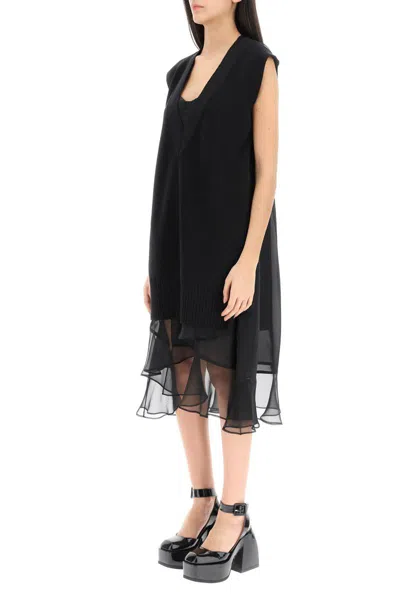 Shop Sacai Midi Dress With Knitted Panel In Nero