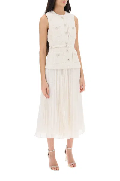 Shop Self-portrait Midi Peplum Dress With Pleated Skirt In Bianco