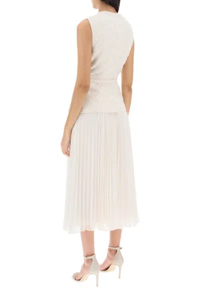 Shop Self-portrait Midi Peplum Dress With Pleated Skirt In Bianco