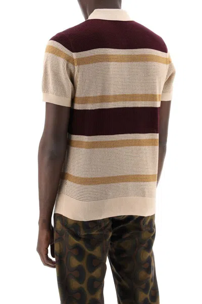 Shop Dries Van Noten Mindo Stripe Perforated Knit Polo Shirt In Beige