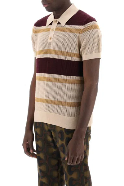 Shop Dries Van Noten Mindo Stripe Perforated Knit Polo Shirt In Beige