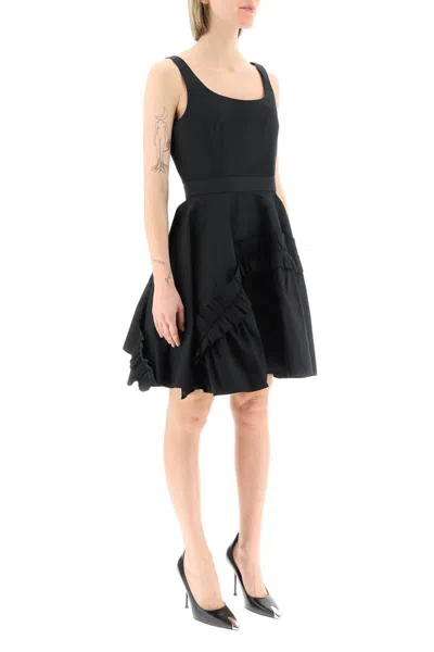 Shop Alexander Mcqueen Mini Faille Dress With Oversized Ruffle In Nero