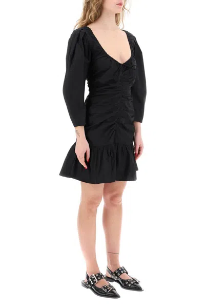 Shop Ganni Mini Poplin Dress With Curved Sleeves In Nero