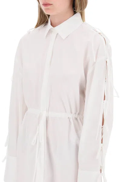 Shop Msgm Mini Shirt Dress With Cut-outs And Bows In Bianco