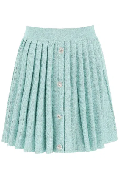 Shop Self-portrait Mini Skirt In Sequin Knit With Diamanté Buttons In Celeste