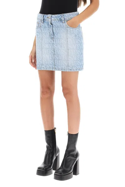 Shop Versace Monogram Denim Mini Skirt In Blu