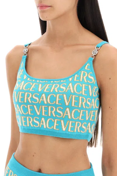 Shop Versace Monogram Knit Crop Top In Celeste