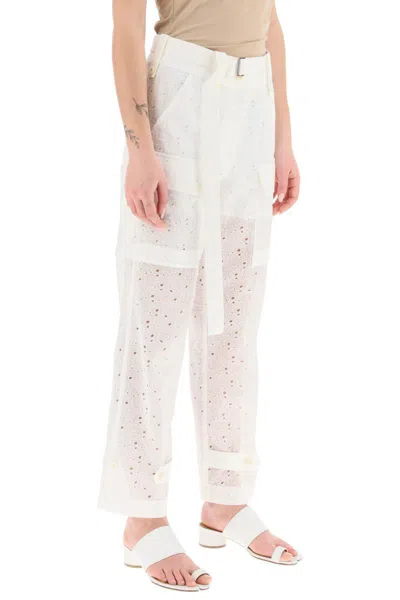Shop Sacai Monogram Lace Cargo Pants In Bianco