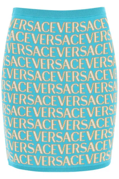 Shop Versace Monogram Knit Mini Skirt In Celeste
