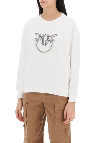 Shop Pinko Nelly Sweatshirt With Love Birds Embroidery In Bianco