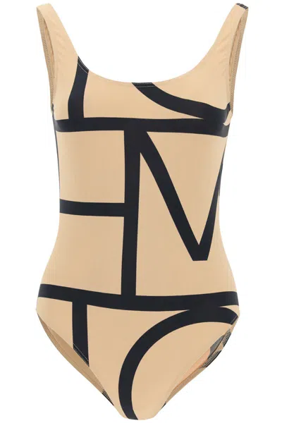 Shop Totême One Piece Monogram Swimsuit In Beige