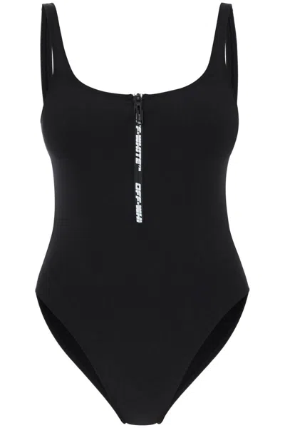 Shop Off-white One-piece Swimsuit With Zip And Logo In Nero
