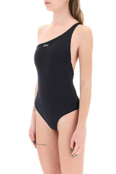 Shop Off-white One-shoulder Swimsuit With Embroidered In Nero