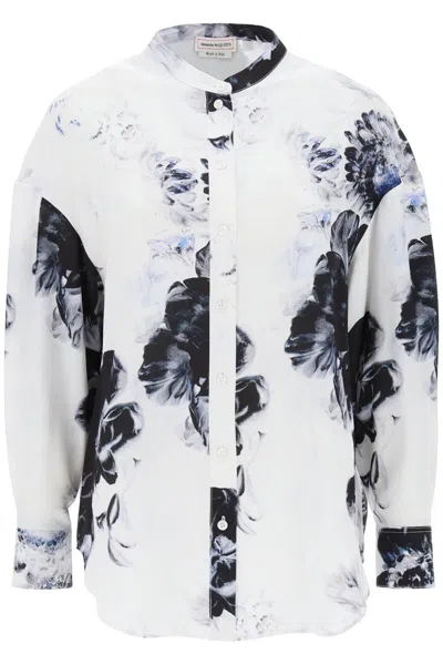 Shop Alexander Mcqueen Orchid Maxi Shirt In Silk Crepe In Bianco