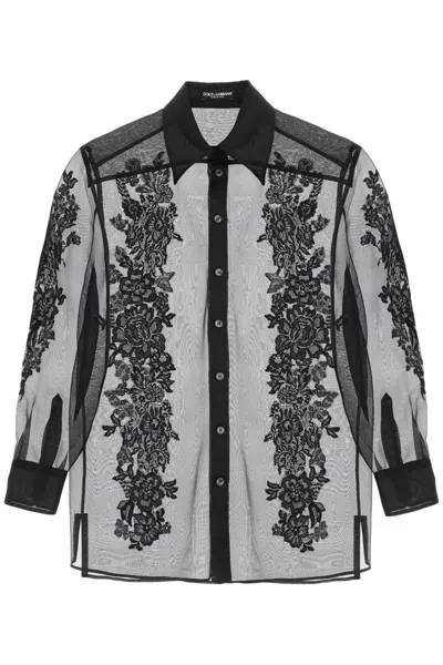 Shop Dolce & Gabbana Organza Shirt With Lace Inserts In Nero