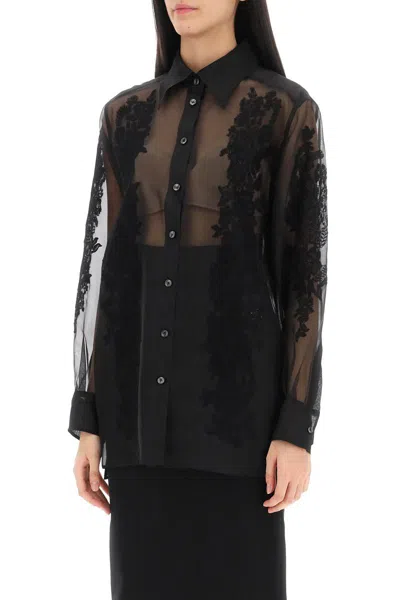 Shop Dolce & Gabbana Organza Shirt With Lace Inserts In Nero