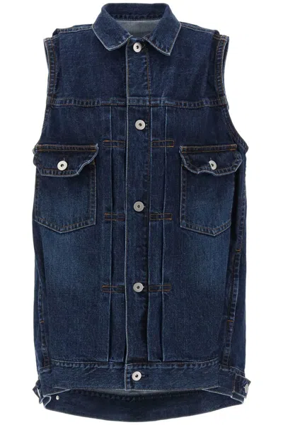 Shop Sacai Oversized Denim Vest For In Blu