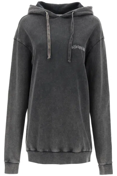 Shop Alessandra Rich Oversized Hoodie With Print And Rhinestones In Grigio