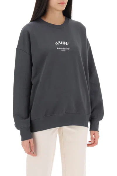 Shop Ganni Oversized Sweatshirt With Logo Print In Grigio