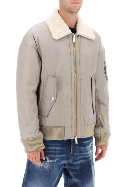 Shop Dsquared2 Padded Bomber Jacket With Collar In Lamb Fur In Grigio