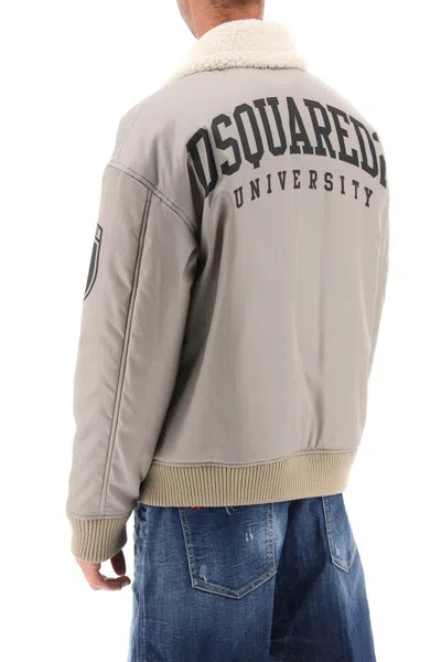 Shop Dsquared2 Padded Bomber Jacket With Collar In Lamb Fur In Grigio