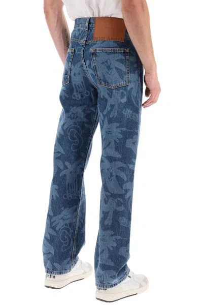 Shop Palm Angels Palmity Allover Laser Denim Jeans In Blu