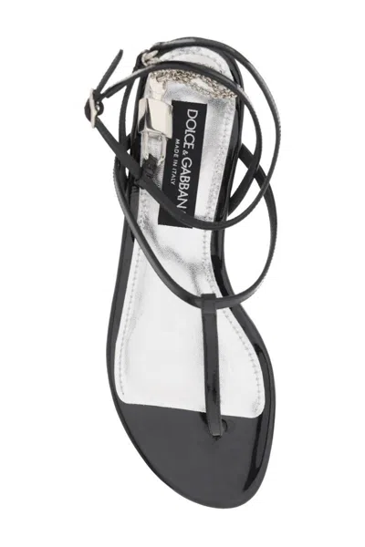 Shop Dolce & Gabbana Patent Leather Thong Sandals With Padlock In Nero