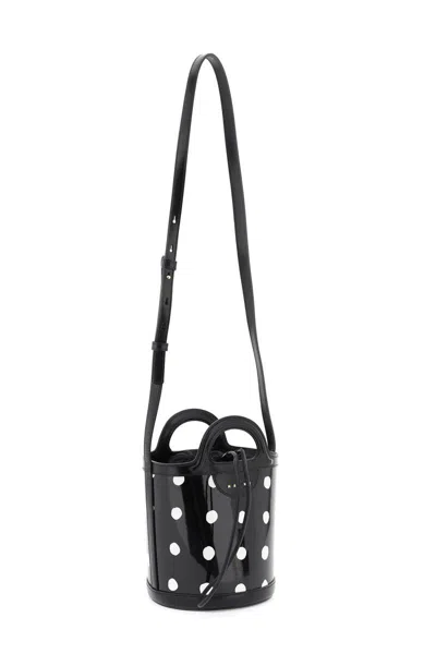 Shop Marni Patent Leather Tropicalia Bucket Bag With Polka-dot Pattern In Nero