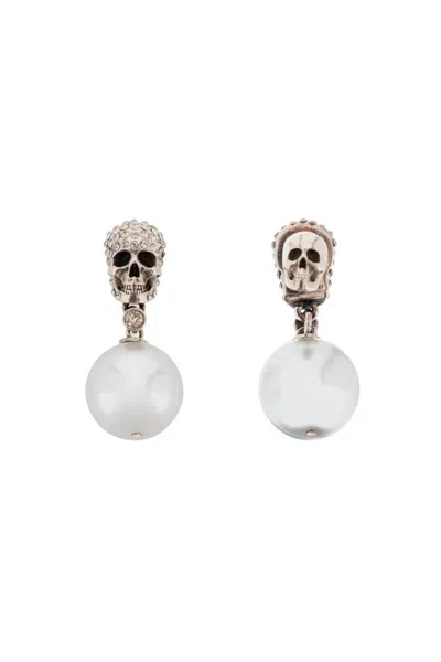 Shop Alexander Mcqueen Pearl Skull Earrings With Crystal Pavé In Argento