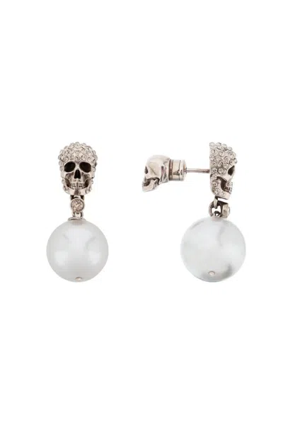 Shop Alexander Mcqueen Pearl Skull Earrings With Crystal Pavé In Argento