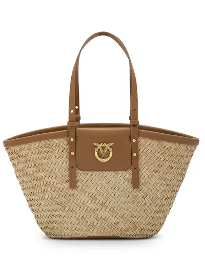 Shop Pinko Love Summer Bucket Bag In Woven Raffia With Leather Inserts In Naturale E Marrone