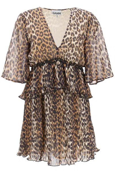 Shop Ganni Pleated Mini Dress With Leopard Motif In Beige