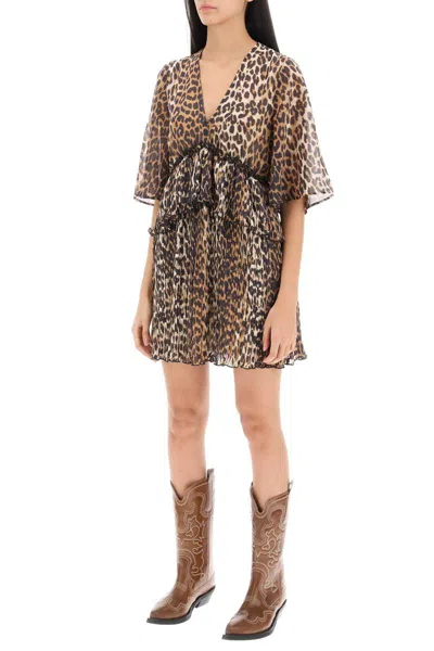 Shop Ganni Pleated Mini Dress With Leopard Motif In Beige