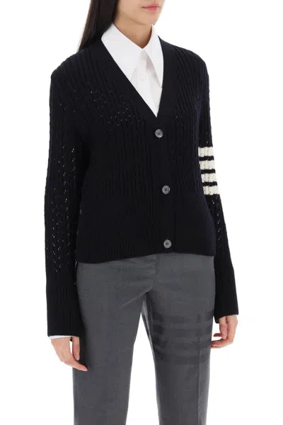 Shop Thom Browne Pointelle Stitch Merino Wool 4-bar Cardigan In Blu