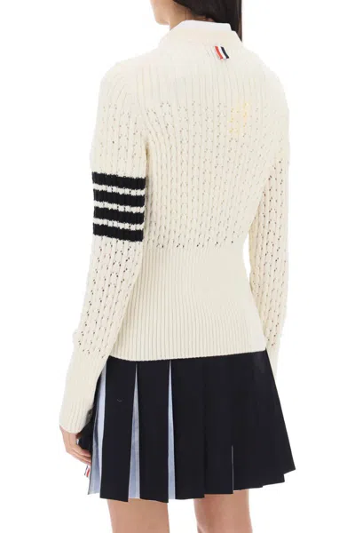 Shop Thom Browne Pointelle Stitch Merino Wool 4-bar Sweater In Bianco