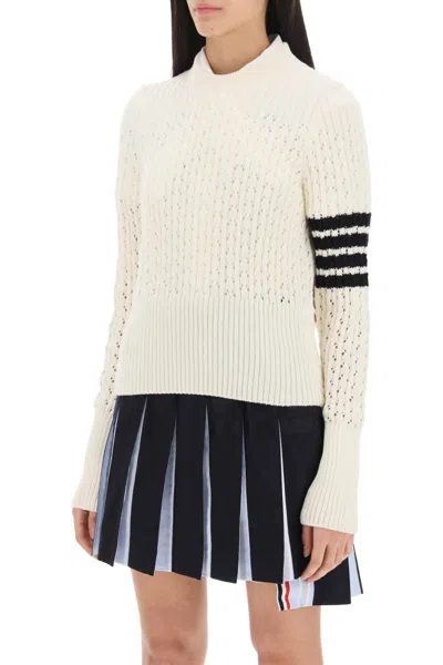 Shop Thom Browne Pointelle Stitch Merino Wool 4-bar Sweater In Bianco