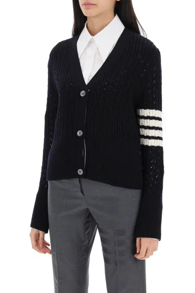 Shop Thom Browne Pointelle Stitch Merino Wool 4-bar Cardigan In Blu