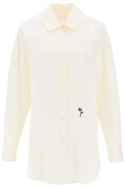 Shop Palm Angels Poplin Shirt With Palm Embroidery In Bianco